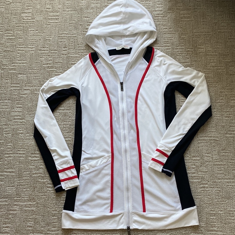 Boston Proper Sport ZIp Jacket, hooded, Mesh details, 2 Pockets, Red/Blk/White